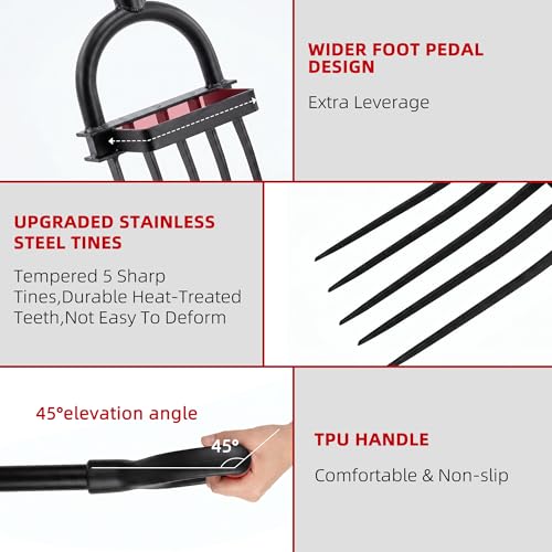 Garden Fork, Pitchforks for Digging Composting Spading, Long Hand Tiller & Cultivator - 5 Tine, 45 inches