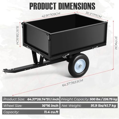 500LB Heavy Duty Steel Dump Cart Trailer for ATV, 11.4 Cu.Ft Utility Wagon with Removable Sides, Ideal for Lawn Mower, Tractor, UTV, Rugged Tow Behind Garden Cart - size: 500 lbs