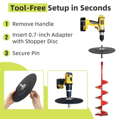 Ice Fishing Auger Drill Adapter, 1/2" Drill Chuck, 9.1" Auger Stopper Disc