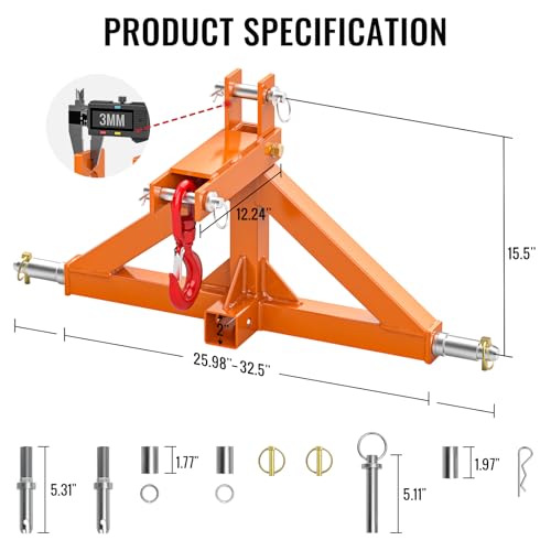 3 Point Trailer Hitch 2” Receiver Quick Hitch Compatible with Cat 1 Tractor - color: Orange