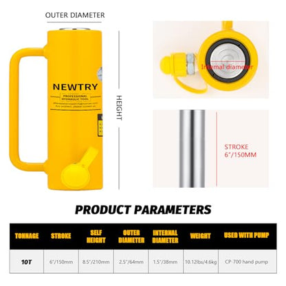 NEWTRY 10T Long Stroke 6" Hydraulic Ram Jack, Porta Power with Auto Retract - size: 10T