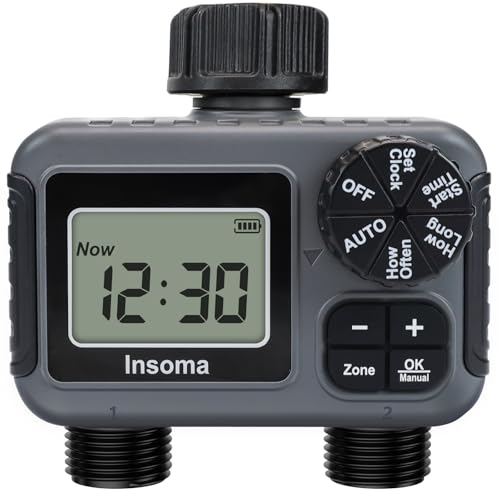 Insoma 2-Zone Sprinkler Timer, Programmable Garden Hose Timer with Auto/Manual/Rain Delay Modes | Water-Saving Irrigation Controller for Lawn, Yard & Drip Systems | Waterproof Design & Easy Setup - size: 2 Zone-Plastic