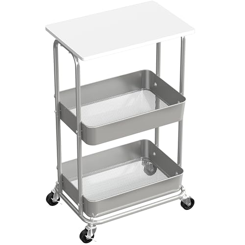 Simple Houseware 2-Tier Rolling Utility Cart Wood Top/Lockable Wheel, White - color: White