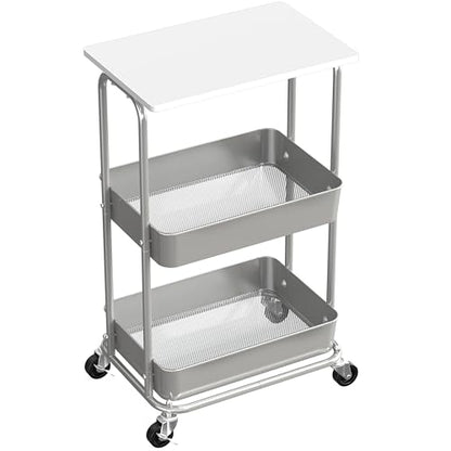 Simple Houseware 2-Tier Rolling Utility Cart Wood Top/Lockable Wheel, White - color: White
