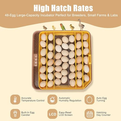 Gen IV - 48 Egg Fully Automatic Incubator, 2026 Upgraded Design, Intelligent Sensor-Based Humidity & Temp Control, Custom Days, Adjustable Auto Turning & Stop, Chick Separator, Flexible Egg Spacing - size: 48 egg-brown