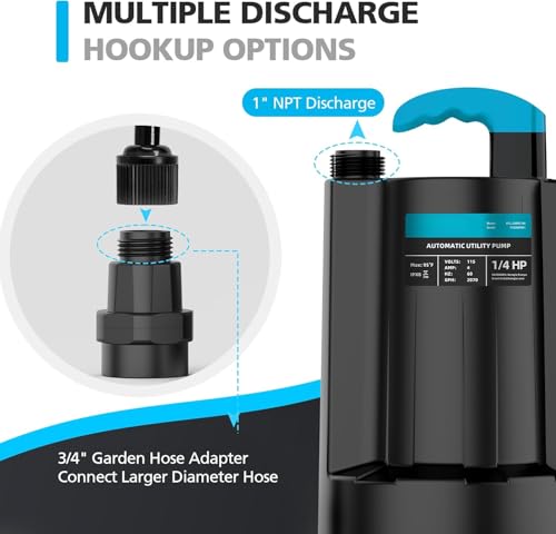 LEO 1/4 HP Automatic Sump Pump, 2250GPH Submersible Utility Pump, 10ft Cord - color: Dark Black