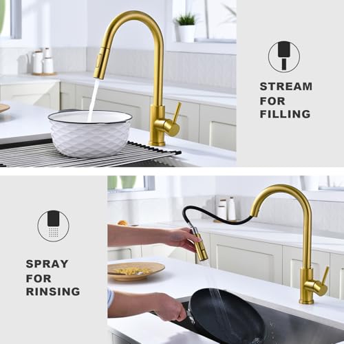 Tohlar Gold Kitchen Faucet with Pull Down Sprayer and Deck Plate - color: Brushed Gold, style: Standard
