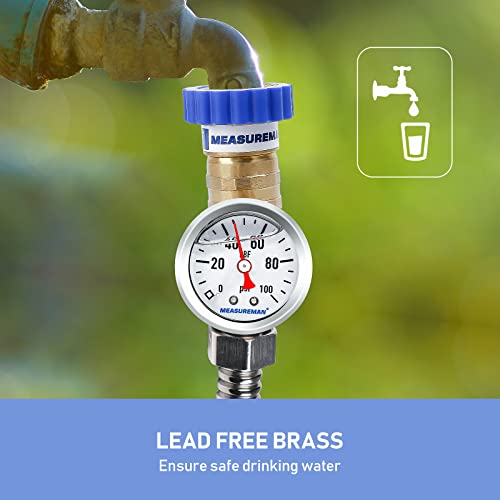 MEASUREMAN Lead-Free Brass Water Pressure Regulator 3/4’’ Female & Male Thread, with 0-100psi Glycerin-Filled Pressure Gauge, for RV, Camper, Trailer, Garden, Plumbing System 2 Pack - size: Regulator with Pressure Gauge 2 Pack