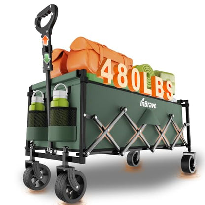 34" Extra Long Collapsible Wagon Cart, 480LBS Capacity, Army Green - color: Army Green