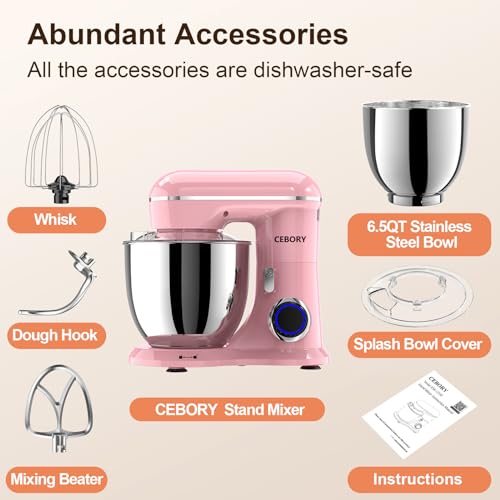 CEBORY 3-IN-1 Electric Stand Mixer, 6.5QT Bowl 660W 10-Speed Kitchen Mixer, Household Food Mixers include Dough Hook, Beater and Whisk, Bread Cake Mixer for Baking and Most Home Cooks, Pink - color: Pink