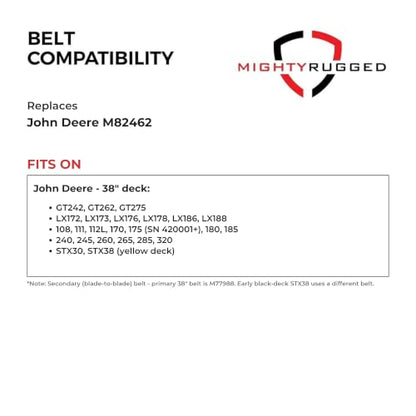 MightyRugged M82462 38 in Secondary Deck Belt for John Deere GT242 LX178 - size: 65.6 in x 1/2 in