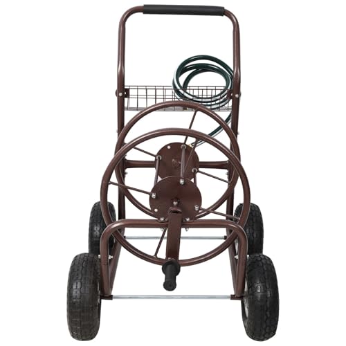 Heavy Duty Garden Hose Reel Cart with 4 Wheels - Bronze Powder-Coated Steel Frame, 250 Ft Capacity, 10-inch Pneumatic Tires, Storage Basket and 6.5 Ft Leader Hose for Lawn, Rustic Brown