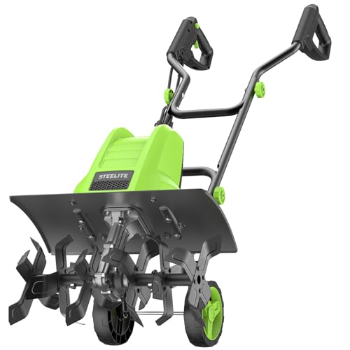 STEELITE 18 Inch Width Electric Tiller Cultivator, 8.7-Inch Depth Electric Rototiller with 24 Durable Steel Tines, 13.5 Amp Corded Cultivator for Gardening, Adjustable Wheels for Lawn Yard and Garden - color: onion green