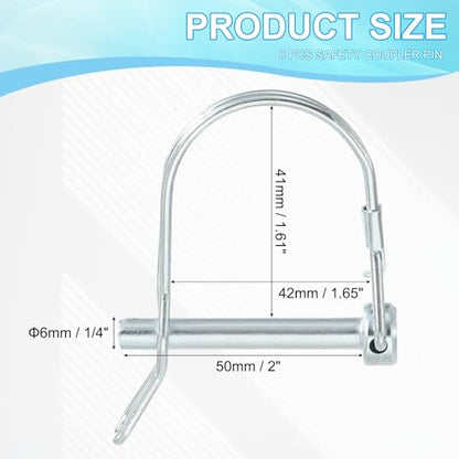 PATIKIL Trailer Coupler Pin 1/4"x2", 8 Pcs Wire Lock D Shape Safety Shaft Locking Round Pto Pins for Farm Trailers Lawn Hitches Garden Tractor Kayak Boat, Silver (6x50mm) - size: 1/4" x 2"