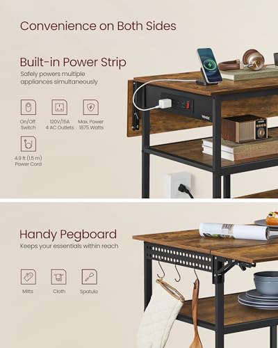 VASAGLE Kitchen Island with Drop Leaf, Power Strip, Pegboard, 47.2" Width - color: Rustic Brown + Ink Black, size: 28.7"D x 47.2"W x 38"H