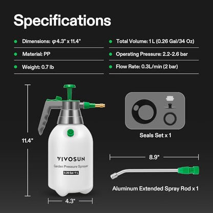 VIVOSUN 1L Pump Sprayer, 34oz Water Spray Bottle with Safety Valve - size: 34 ounce