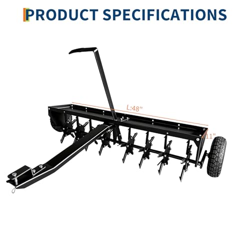 48-Inch Heavy Duty Tow Behind Plug Aerator - Universal Hitch for Lawn Tractors & ATVs, 3-Inch Deep Aeration with 150lb Weight Tray for Lawn, Farm, Garden and Yard Care