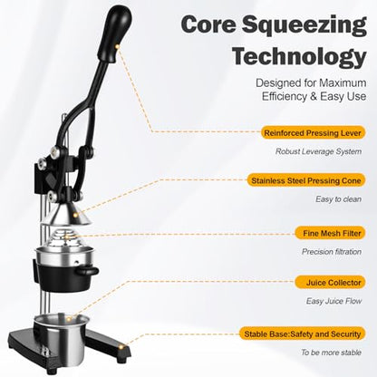 Lemon Squeezer Manual Citrus Juicer Press, Heavy Duty Cast Iron Orange Juicer with Stainless Steel Cone, Commercial Lever Juice Press for Lemon, Lime & Citrus Fruits, Easy to Clean - color: Black