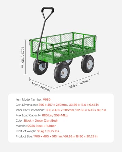 VEVOR 680 Lbs Steel Garden Cart on Wheels, Heavy Duty Garden Wagon Cart Pullable, Metal Outdoor Utility Yard Wagon Carts with 10" Tires, Mesh Removable Sides and 180°Rotating Handle - color: Black+green