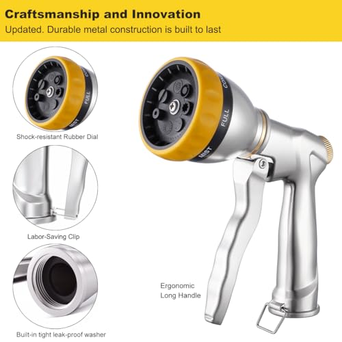 FANHAO Metal Garden Hose Nozzle Heavy Duty, 7 Adjustable Spray Patterns - color: Silver & Yellow, size: Multi-Pattern