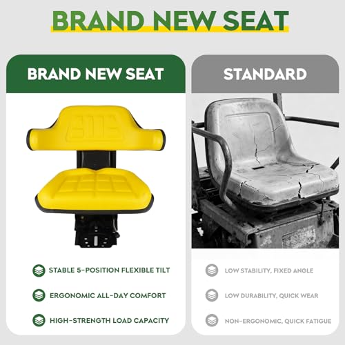 Yellow Universal Adjustable Tractor Suspension Seat Fits for John Deere 1020 1530 2020 2030 2040 5210 5300, fits for Ford & New Holland 3000 3010 3300 3400 3600 3610, Shock Absorption Alloy Steel+PVC