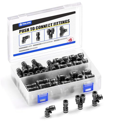 TAILONZ 1/4" Push to Connect Fitting Splitters+Elbows+Tees+Straight 40pcs - color: Black, size: 1/4"OD/40PCS