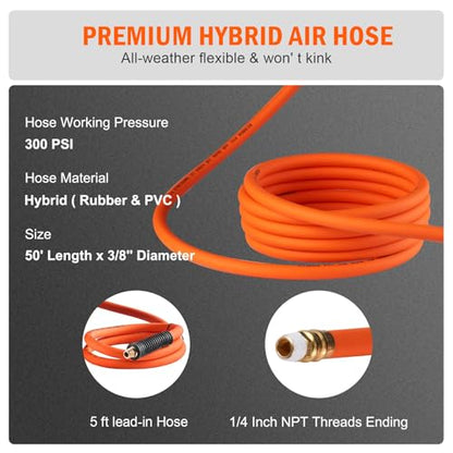 Retractable Air Hose Reel, 3/8 IN x 50 FT Hybrid Air Hose