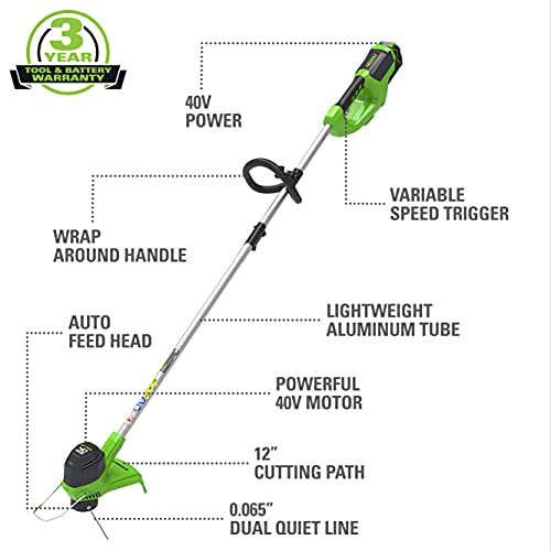 Greenworks 40V 12 in Cordless String Trimmer, 2.0 Ah Battery and Charger - size: 12" (Battery Included), style: String Trimmer