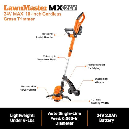 LawnMaster 24V Max 10" Cordless String Trimmer Weed Eater, CLGT2410S - style: 10-Inch
