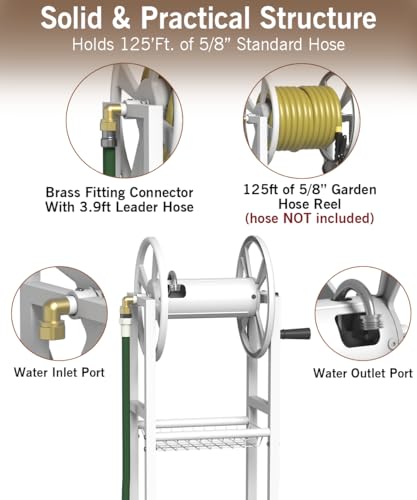 Garbuildman Ground Mount Garden Hose Reel Holds 125 Feet of 5/8-Inch with 3.9 ft Leader Hose, Brass Fitting, Water Hose Holder Stand with Storage Rack & 4 Spikes Base for Outdoor Lawn, White - color: White