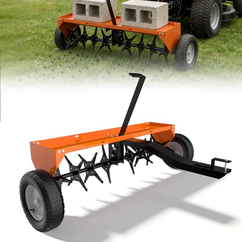 48" Tow Behind Aerator, Pull Behind Lawn Aerator Tool with Universal Hich, 32 Rust-Proof Knives & Heavy-Duty Tires, Plug Aerator for Yard & Garden Compacted Soil, Fits Lawn Tractors, ATV, UTV, Orange - color: Orange, size: 48IN
