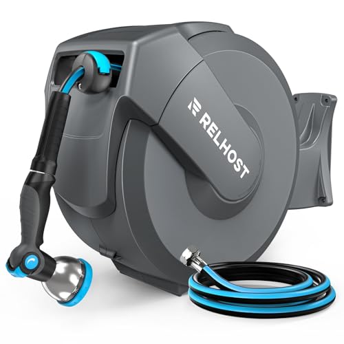 Relhost Retractable Garden Hose Reel, 1/2 in x 65 ft Wall Mount Heavy Duty Hose Reel with Any-Length Lock, Auto Rewind System, 180° Swivel Bracket, and 10-Pattern Nozzle for Garden, Dark Grey - color: Dark Grey, size: 65FT