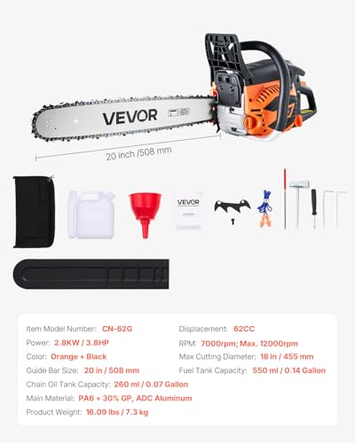VEVOR Gas Powered Chainsaw 20 inch 62CC 3.8 HP 2 Stroke Engine Gas Chainsaw - size: 62CC-20inch