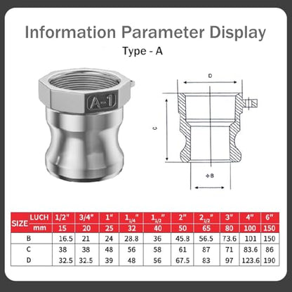 316 Stainless Steel 1/2" Camlock Fitting - Female thread pipe fitting - size: Cam lock 1/2" Type D + Type A