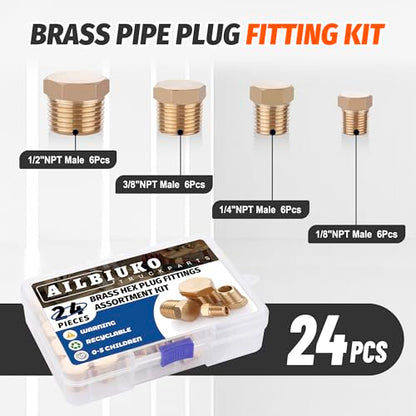 24PCS Brass Hex Pipe Plug Fittings,1/8" 1/4" 3/8" 1/2" NPT Male - style: Hex Plug