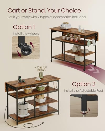 VASAGLE Kitchen Island with Drop Leaf, Power Strip, Pegboard, 47.2" Width - color: Rustic Brown + Ink Black, size: 28.7"D x 47.2"W x 38"H