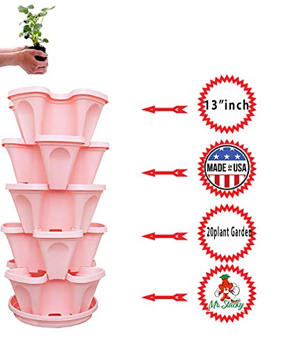 Mr. Stacky 5-Tier Pink Strawberry and Herb Garden Planter - Stackable Gardening Pots with 10 Inch Saucer