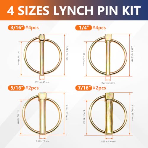 12Pcs 4 Sizes Lynch Pin Assortment Kit Heavy Duty Linch Pin for Trailer Tructs 3 Point Hitch Pins Mower Farm Machinery of 3/16" & 1/4" & 5/16" & 7/16" - size: 4 sizes 12pcs
