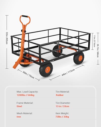 1200 LB Garden Cart with Removable Mesh Sides & Adjustable Handles - color: Black Orange, size: 1200 LBS