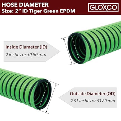 Gloxco Heavy Duty Tiger Green EPDM All Weather Suction Hose, Black Tube, Lime Green Helix, Full Vacuum Suction Rating, 2" Inside Diameter, Made In USA, 33 ft Length - size: 2" x 33 Ft