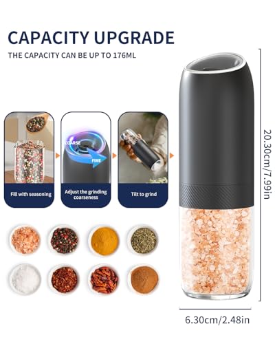 CIRCLE JOY Gravity Electric Salt and Pepper Grinder Set, Battery Powered Automatic Pepper Mills with Adjustable Coarseness, One Hand Operation, 176ml Large Container, Black - Includes 8 Batteries - color: Black Plus, size: Battery