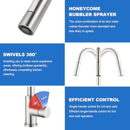 Tohlar Kitchen Sink Faucets with Pull Down Sprayer Brushed Nickel - color: Brushed Nickel, style: Standard