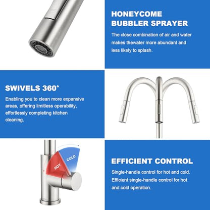 Tohlar Kitchen Sink Faucets with Pull Down Sprayer Brushed Nickel - color: Brushed Nickel, style: Standard