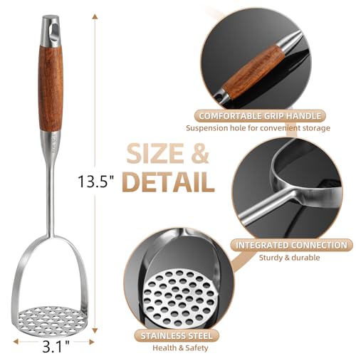 Potato Masher Stainless Steel, Manual Mashed Potato Masher,Wooden handle Potatoes Smasher Kitchen Tool for Avocado,Potatoes, Vegetables, 13.5Inch Long handle Large Heavy Duty Metal Mashing Utensil - size: Brown wooden handle large