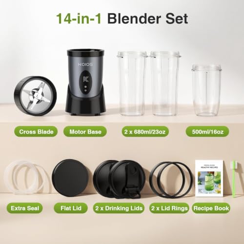 KOIOS Smoothie Blender Kitchen, 900W Personal Blenders with 3 To-Go Cups - color: Grey Blue