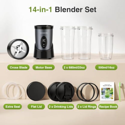 KOIOS Smoothie Blender Kitchen, 900W Personal Blenders with 3 To-Go Cups - color: Grey Blue