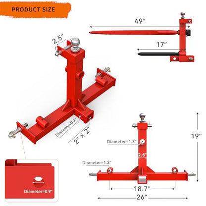 YINTATECH 49" 3 Point Hay Spear for Tractor CAT 1 with 2 Stabilizers Spear
