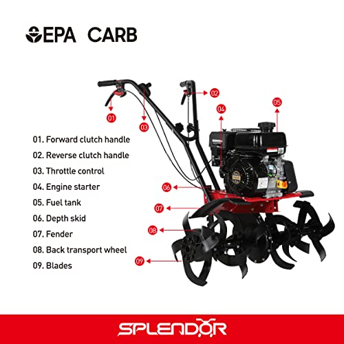 SPLENDOR Gas Powered Tiller 4 Cycle 212CC Working Width 13in-22in-33.5in Total Two Packages