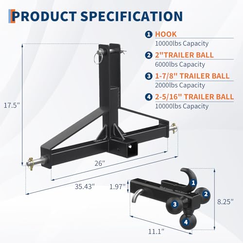 10,000 lb Heavy-Duty Cat 1 3-Point Tractor Hitch Receiver Adapter - 2in Receiver - 4-Way Tri-Ball Mount & Tow Hook - Quick Hitch Compatible - Carbon Steel - Black - Low Triangle Single - color: Black, size: 35.4"x17.5"