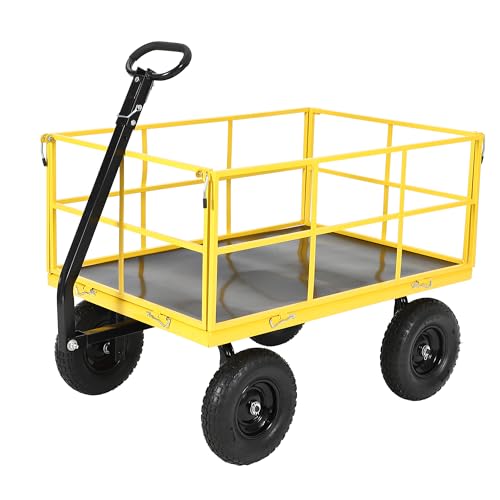 1500 lbs Steel Garden Cart, Folding Utility Wagon with Removable Sides, Garden Wagon Cart on Wheels, Metal Utility Wagon Yard Trailer with 13 in Tires180° and Swivel Handle, Yellow - color: Yellow, size: 1500lbs Utility Wagon
